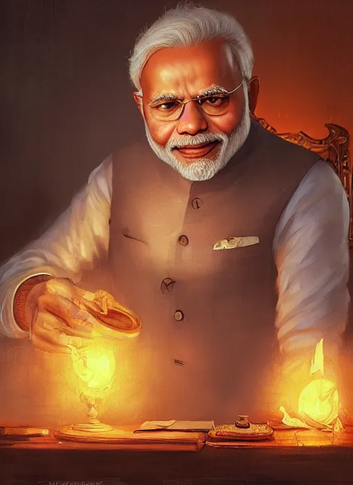 Prompt: Portrait of Narendra Modi as a merchant selling Souls, digital art, greg rutkowski and thomas kinkade, detailed, high quality, 8k, illustration