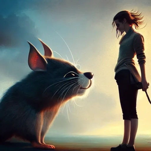 Prompt: emma watson standing in front of a giant mouse, digital art by greg rutkowski, artstation, but as photography by steve mccurry, sharp focus, detailed