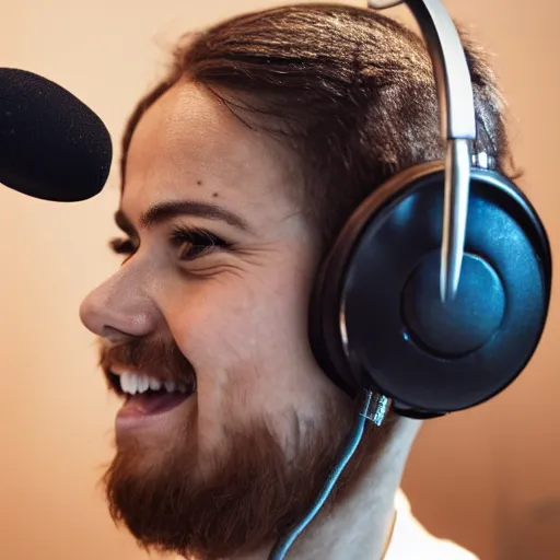 Image similar to A photograph of a bird wearing headphones and speaking into a high-end microphone in a recording studio.