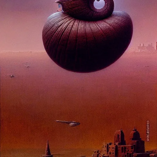 Image similar to a giant holy snail stands over a city painting by beksinski, barlowe colors. masterpiece painting