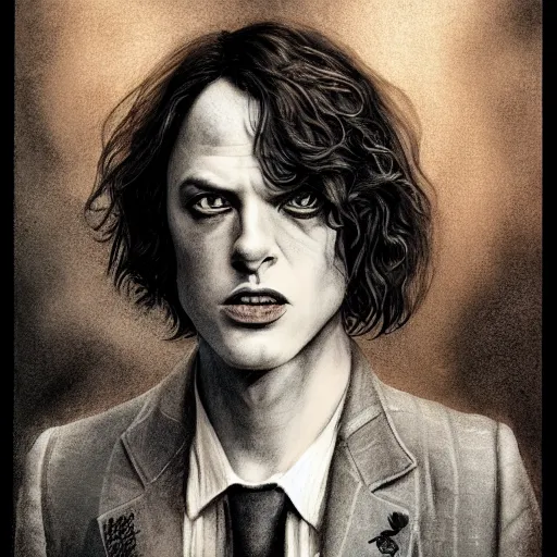 Image similar to angus young character portrait, lean face, cinematic lighting, glowing grey eyes, hyper-detailed, 4k, high resolution, in the style of Charlie Bowater, Tom Bagshaw, single face, symmetrical, headshot photograph, insanely detailed and intricate, beautiful, elegant, watercolor, cinematic, portrait, Raphaelite, headroom, Pierre-Auguste Renoir