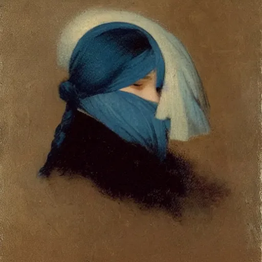 Prompt: a young woman’s face, her hair is white, her eyes are covered with a flowing blue satin blindfold, by ivan aivazovsky and alma tadema and and willen claesz heda and aelbert cuyp and gerard ter borch