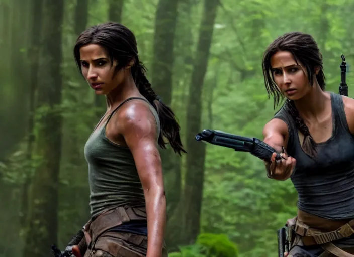 Image similar to film still of!!!! naomi scott!!! as lara croft in new tomb raider movie, 8 k