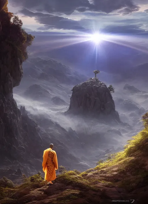 Image similar to a cosmic monk in lord of the rings scenery landscape, looking out at a lush valley, gigantic alien spacecraft in the sky, sunrise, god's rays, highly detailed, vivid color, cinematic lighting, perfect composition, 8 k, gustave dore, derek zabrocki, greg rutkowski, belsinski, octane render