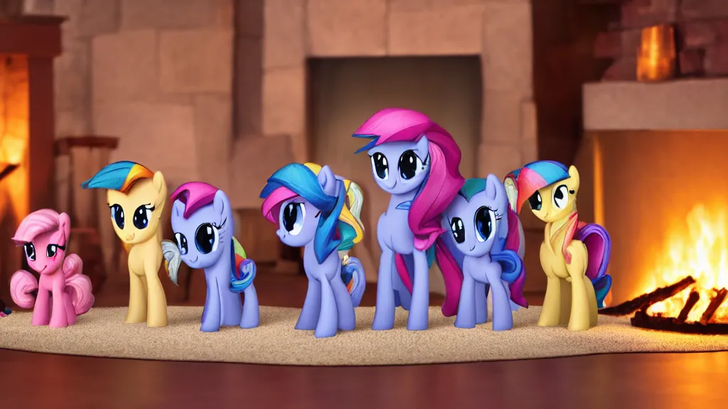 Prompt: A beautiful and wholesome scene of My Little Pony figurines in front of a lit fireplace, 4k, 8k, photography, warm lighting