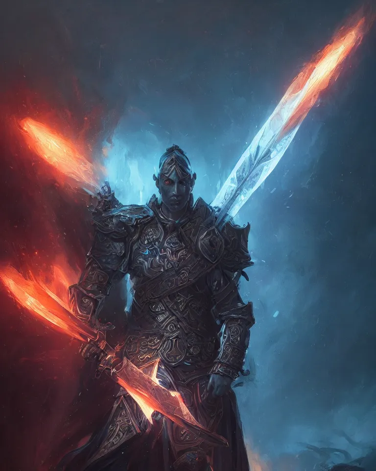 Prompt: portrait of a fantasy paladin wielding a sword with black flames, intricate baroque armour, glowing aura, trending on artstation, 4 k, greg rutkowski, concept art, matte painting