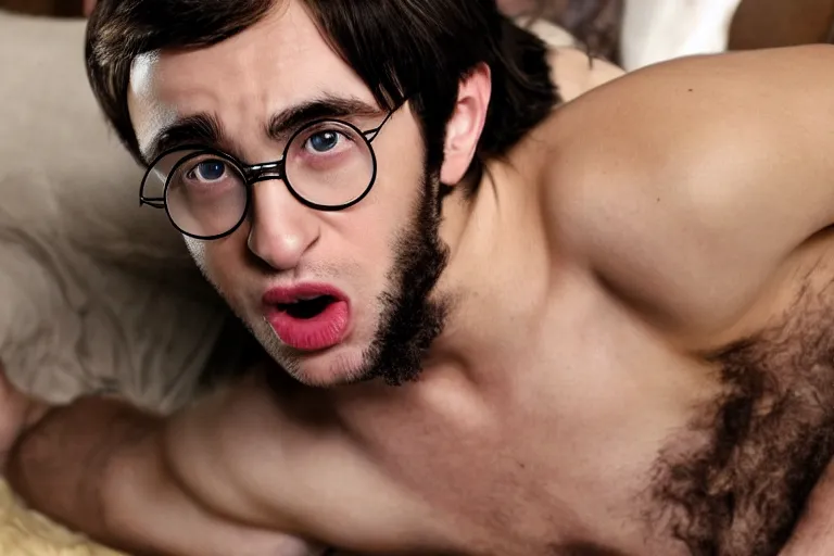 Prompt: Seductive Smelly Adult Harry Potter with body hair