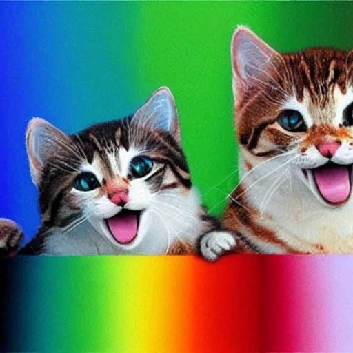 Prompt: ultra realistic smiling kitties sliding down a rainbow together