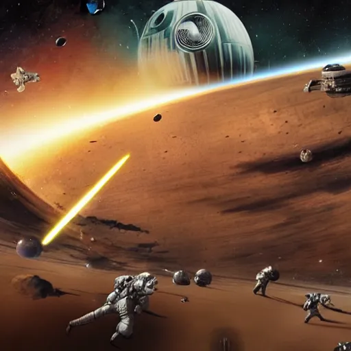 Image similar to space battle of second death star by dali, epic scope, cinematic lighting.