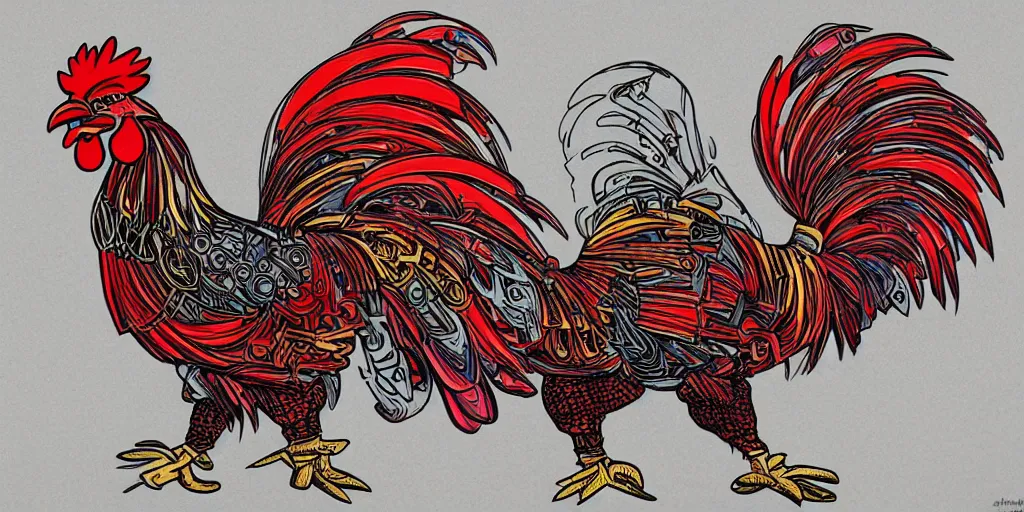 Image similar to colorful illusrtation of a fighting rooster made of car engine parts, schematic, dieselpunk, masterpiece, illustration, hand drawn, intricate, highly detailed