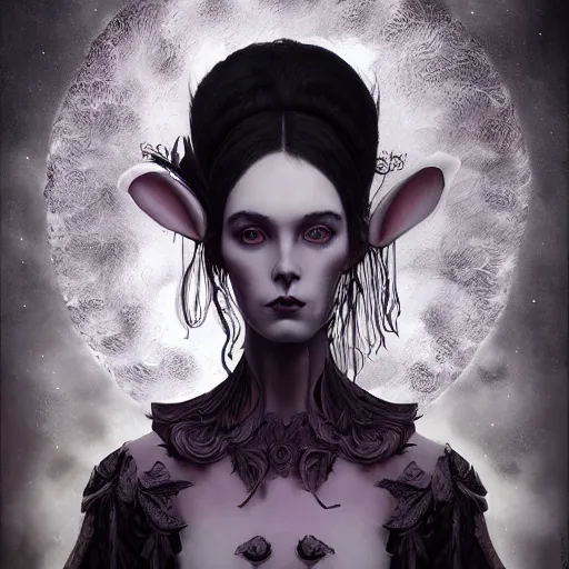 Image similar to tom bagshaw, soft painting fractal curiosities carnival, very beautiful mutated human female rabbit in full ornated nightshade gothic dress, accurate features, focus, very intricate ultrafine details, black white purple volumetric clouds, award winning masterpiece, octane render 8 k hd