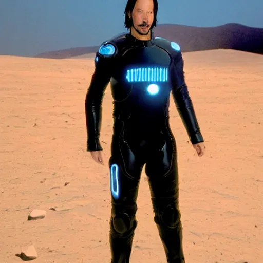 Image similar to keanu reeves at the age of 3 4 wearing a tron legacy suit, in the surface of the moon behind you can see the milky way