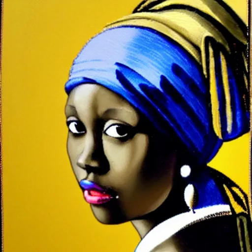 Image similar to portrait of an african woman, girl with the pearl earring, hyper realistic, black background, yellow and blue,