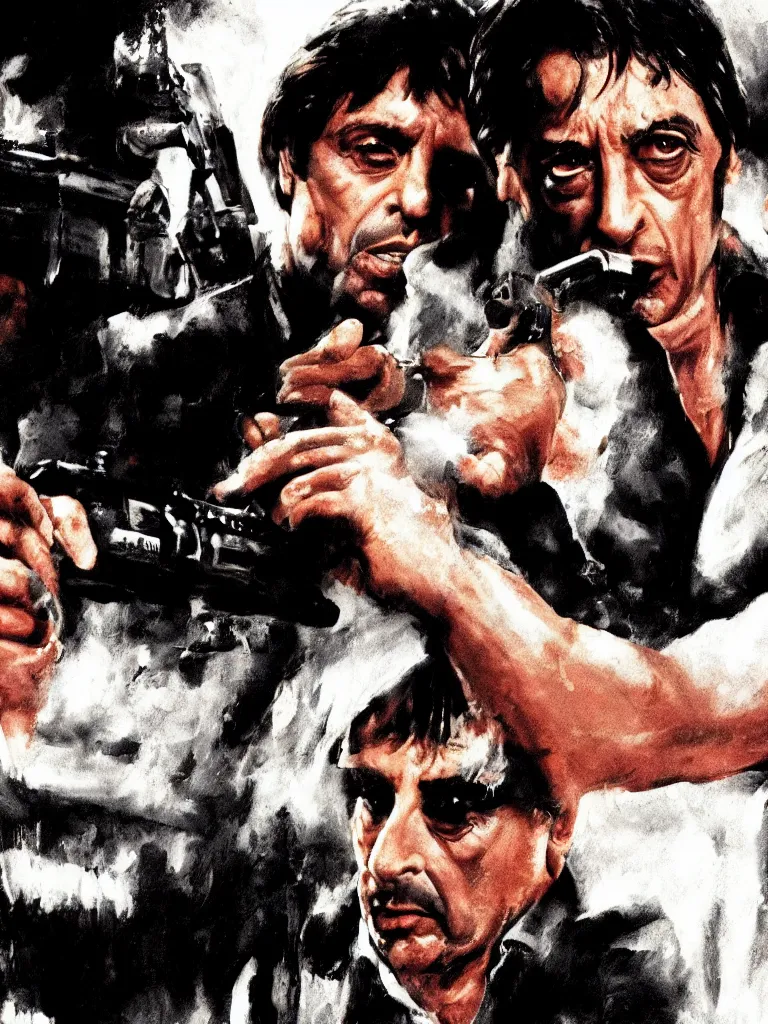 Prompt: medium shot. cogerent eyes. detailed face. al pacino as scarface. scarface movie. posterization.