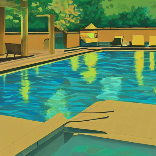 Prompt: swimming pool, digital painting by kevin gnutzmans