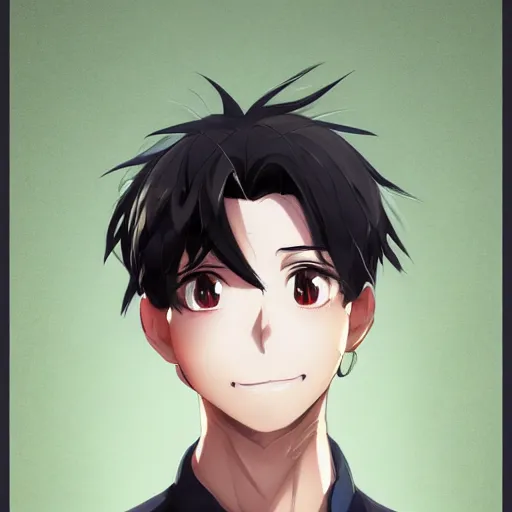 Prompt: An anime portrait of a smiling man with very short smooth black hair, brownish-green eyes, stubble, wearing a shirt, medium shot, whole head, by Stanley Artgerm Lau, WLOP, Rossdraws, James Jean, Andrei Riabovitchev, Marc Simonetti, and Sakimi chan, trending on artstation