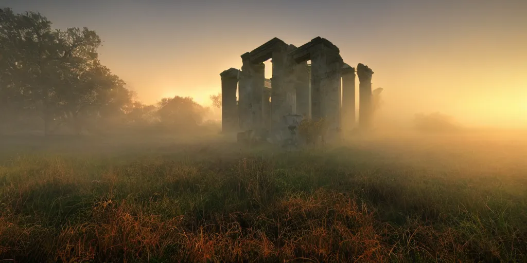 Image similar to mystical ruins, volumetric lighting, sunrise, vivid, fog