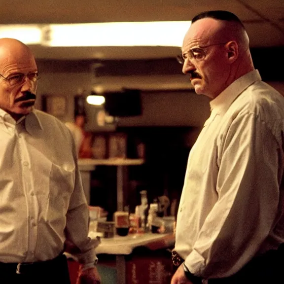 Image similar to Still of Walter White in The Sopranos at the Bada Bing talking with Tony Soprano, dark lighting