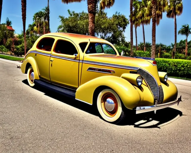 Prompt: 1 9 3 7 pontiac sedan, tan, palm trees in the background