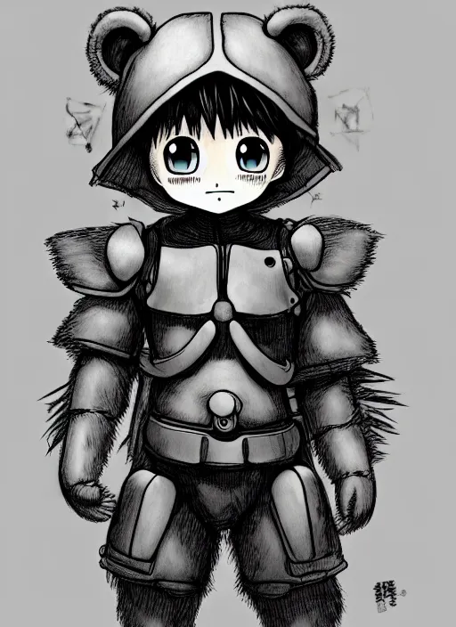 Prompt: beautiful little boy wearing an cyborg bear suit, artwork in kentaro miura and made in abyss and rosdraws, smooth, beautiful lightness, anatomically correct, trending on pixiv, forest