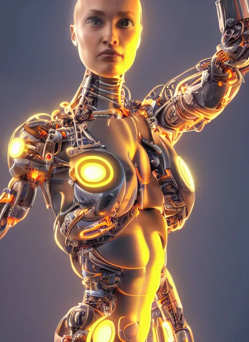 Image similar to photorealistic detailed full body picture of a female cyborg, pretty face with arms and legs and feet and hands, glamour pose, neon lights, humanoid, extreme, uhdr, book called the most influental cyborg in 2 0 5 0, fine details, highly detailed, intricate, smooth sharp focus, symmetrical features, environmental portrait, realistic render