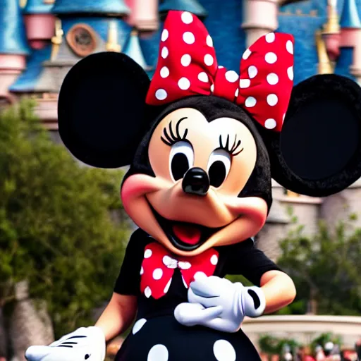 Prompt: the Minnie Mouse character at Disneyland giving you the middle finger