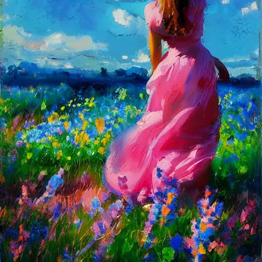 Prompt: a portrait of a beautiful woman, intimate, lovely, painting by antoine blanchard and charles camoin, digital painting, faded color disposition, vibrant neon pastel, pink dress, field of blue flowers, magical, aesthetic