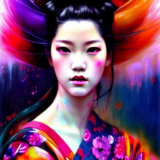 Image similar to blackpink, hyperrealistic portrait of a geisha wearing a colorful kimono, bladerunner street, by karol bak and agnes cecile, fantasy art, photo realistic, dynamic lighting, artstation, poster, volumetric lighting, very detailed face, intricate complexity, rule of thirds, 8 k, award winning