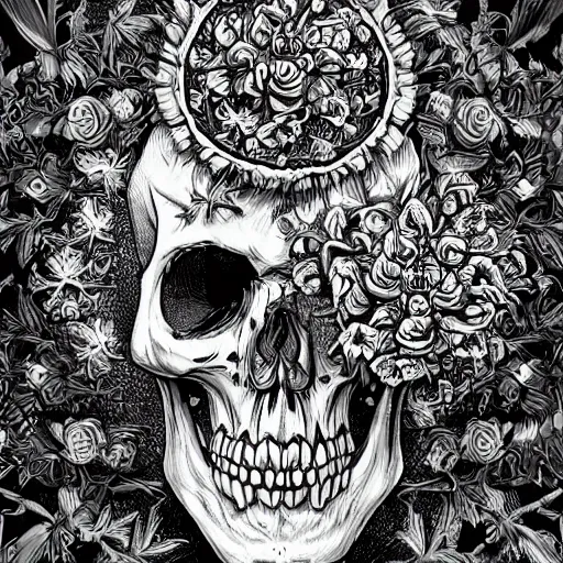 Image similar to detailed rotten skull corpse with fractal plants and fractal flowers and mushrooms growing around, symmetrical, ornate, ornamentation, illustration, in the style of onz _ blk, black and white