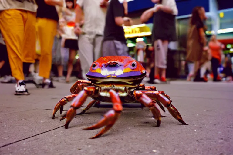 Image similar to a cute crab robot, in 2 0 0 2, at a mall, street style, crabcore, low - light photograph, photography by tyler mitchell