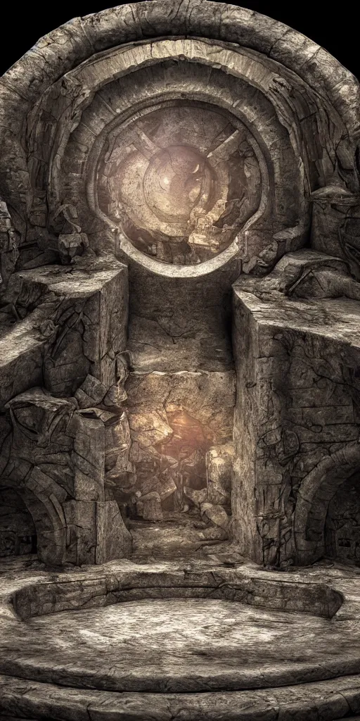 Image similar to round portal to another world containing the mummified demon lord, dark, gritty, damaged, hellfire, hostile, demonic, diabolic, cinematic light, 3 d cg, cel shading