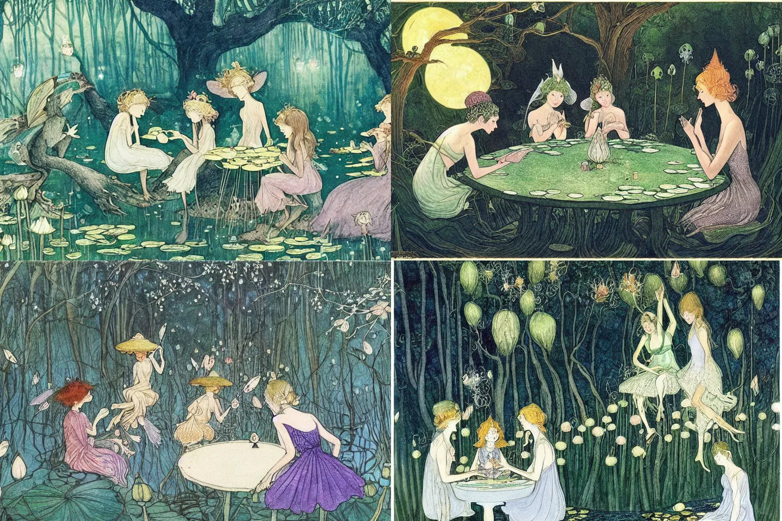 Prompt: a group of gracious fairies playing cards on a table in an atmospheric moonlit forest next to a beautiful pond filled with water lilies, artwork by ida rentoul outhwaite. the fairies have wings.