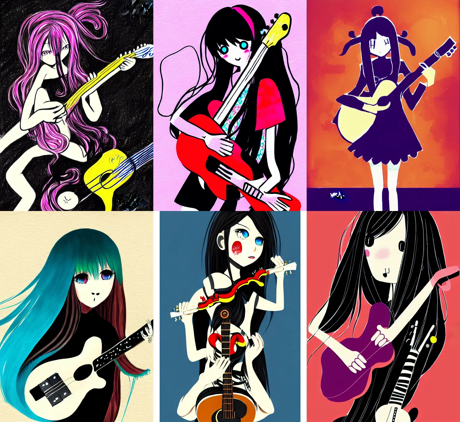 Prompt: a drawing of a girl with long hair and a guitar, concept art by muqi, featured on pixiv, toyism, official art, black background, dark and mysterious