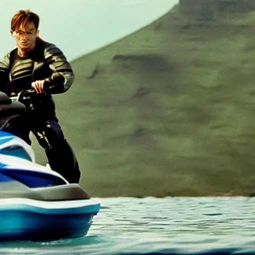 Image similar to john connor on a jet ski 35mm film 4k