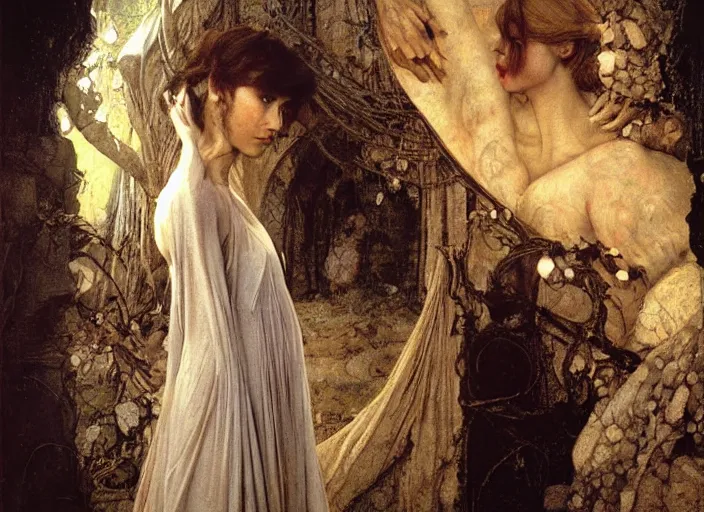 Image similar to jim henson's labyrinth. sarah, a girl in a ballgown, is trapped in a dark shadowed oubliette made of stone. by edgar maxence and caravaggio and michael whelan and delacroix style, artistic, intricate painting, cinematic lighting, hyper realistic, extremely detailed, vivid colors, establishing shot, dramatic lighting