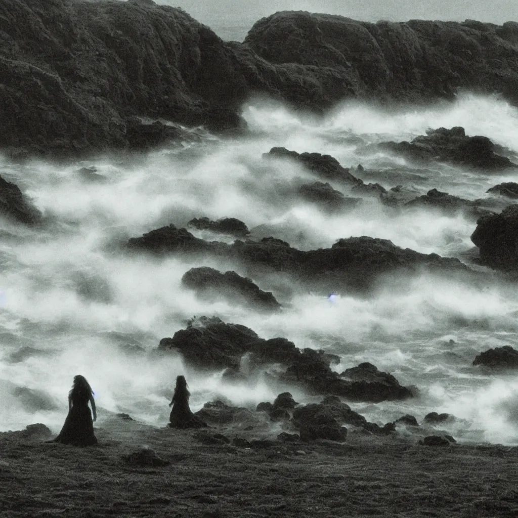 Image similar to dark and moody 1 9 7 0's artistic spaghetti western film in color, a group of women in a giant billowing wide long flowing waving green dresses, standing inside a green mossy irish rocky scenic landscape, crashing waves and sea foam, volumetric lighting, backlit, moody, atmospheric, fog, extremely windy, soft focus