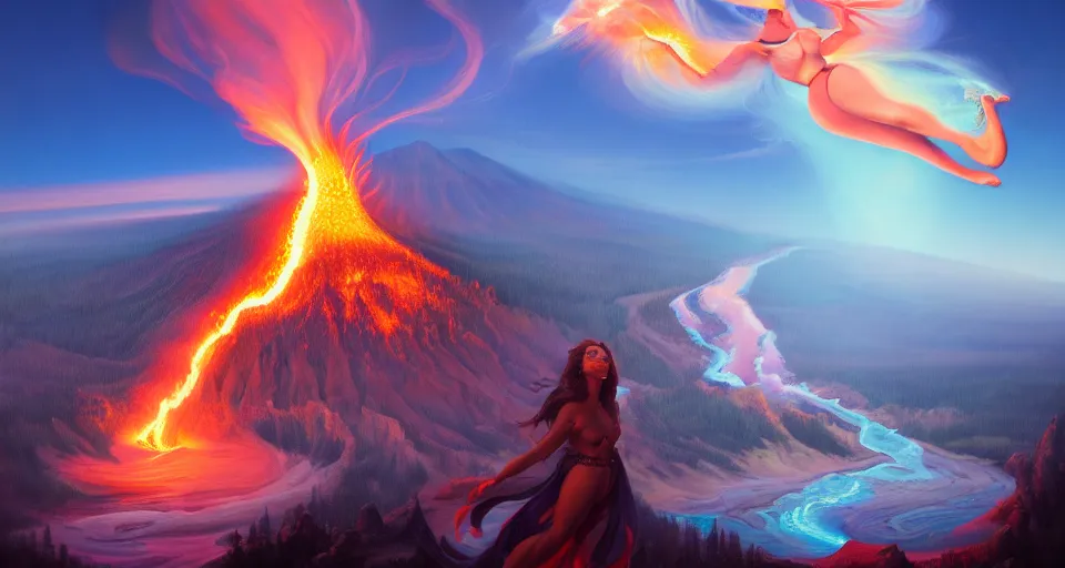 Image similar to the hawaiian fire goddess pele erupting yellowstone volcano while she smiles from above, by peter mohrbacher, digital painting, ultra high detail, apocalyptic, glow, lens flare, atmosphere, hyperrealistic, 8 k, cinematic, trending on artstation