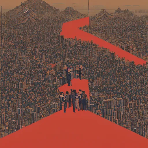 Image similar to a dystopian earth when humans are ruled by a large pointing finger and there are rows of people in shackles going to office jobs, flat design, screen print by kawase Hasui and Dan hillier, 8k, artstation