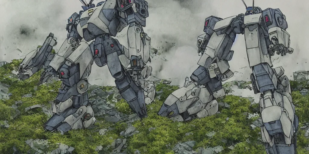 Image similar to Abandoned mecha overgrown with moss, oppressive atmosphere, low contrast, cloudy, Hideaki Anno, watercolor, Patlabor, Gunbuster