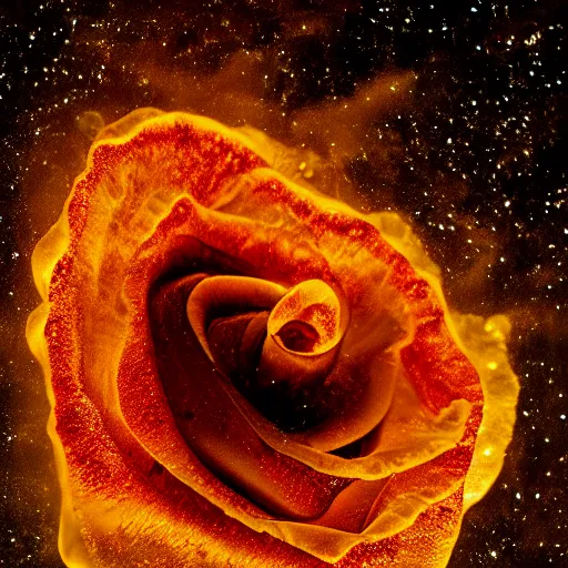 Prompt: award - winning macro of a beautiful glass rose made of molten magma and nebulas on black background, highly detailed, inner glow, trending on deviantart and artstation, nasa space photography, national geographic