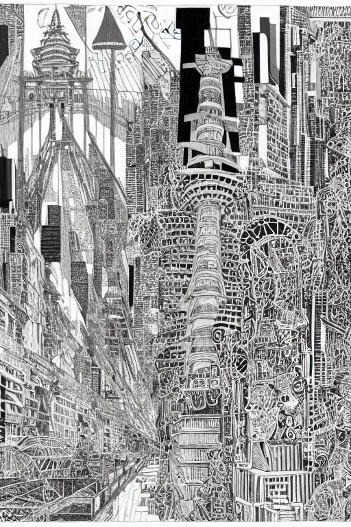 Image similar to a black and white drawing of a temple cityscape, a detailed mixed media collage by hiroki tsukuda and eduardo paolozzi and moebius, intricate linework, sketchbook psychedelic doodle comic drawing, geometric, street art, polycount, deconstructivism, matte drawing, academic art, constructivism