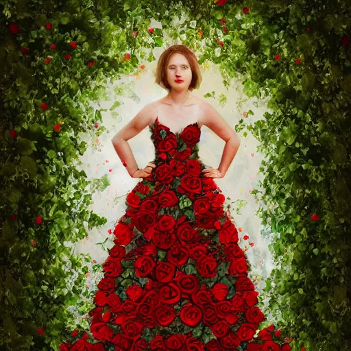 Image similar to full body image of a beautiful woman covered in ivy and red roses, ornate gown standing in a bed of roses, rim light, dynamic lighting, etherial lighting, ultra - detail, concept art, elegant