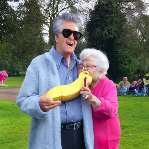 Image similar to went to the park and saw my nan eating a banana with elvis presley they were dancing on ice