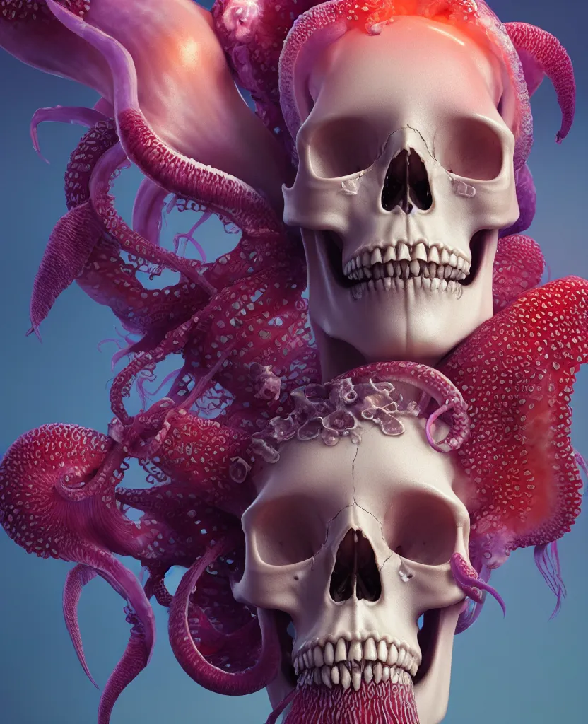 Image similar to goddess close - up portrait human skull, ram skull, squid phoenix jellyfish, orchid, betta fish, bioluminiscent, intricate artwork by tooth wu and wlop and beeple. octane render, trending on artstation, greg rutkowski very coherent symmetrical artwork. cinematic, hyper realism, high detail, octane render, 8 k