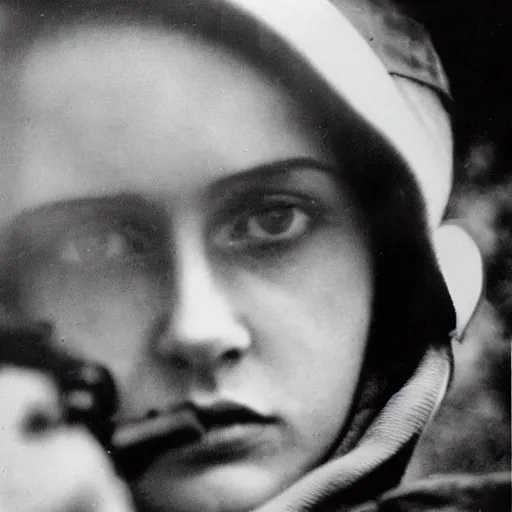 Prompt: Lyudmila Pavlichenko, young female Soviet sniper, photography by Annie Leibovitz