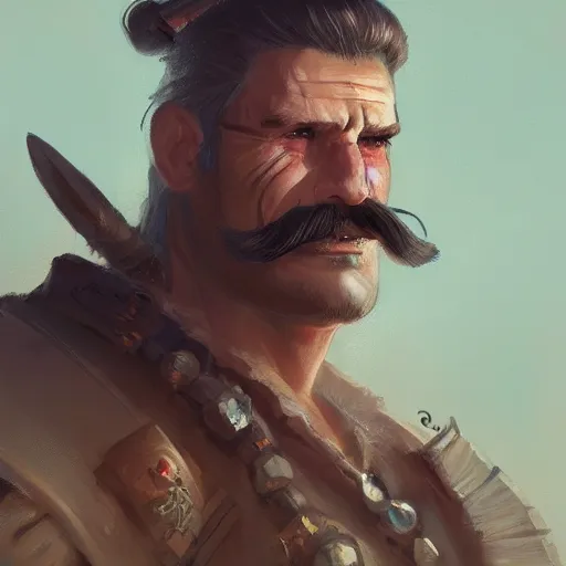 Image similar to portrait cool old barbarian warrior with trucker mustache and short hair, 8 k, trending on art station, by tooth wu and greg rutkowski