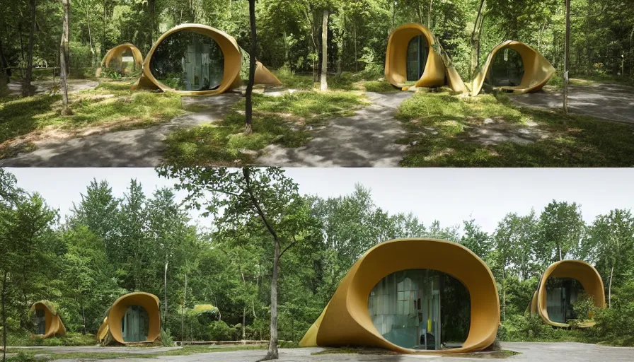 Image similar to A unique innovative and creative eco community of small affordable and contemporary creative cabins in a lush green forest with soft rounded corners and angles, 3D printed line texture, made of cement, connected by sidewalks, public space, and a park, Design and style by Zaha Hadid, Wes Anderson and Gucci