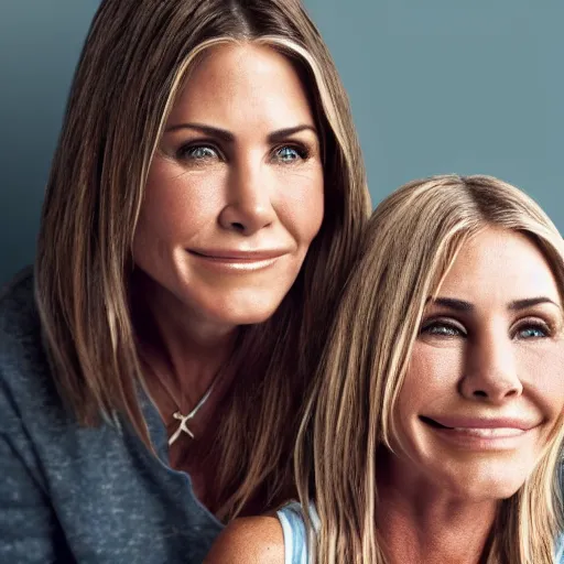 Prompt: old jennifer anniston and courtney cox actress at age 1 5 0 years old, morphing together, absorbing each other, color ( sony a 7 r iv, symmetric balance, polarizing filter, photolab, lightroom, 4 k, dolby vision, photography award ), vogue, perfect face