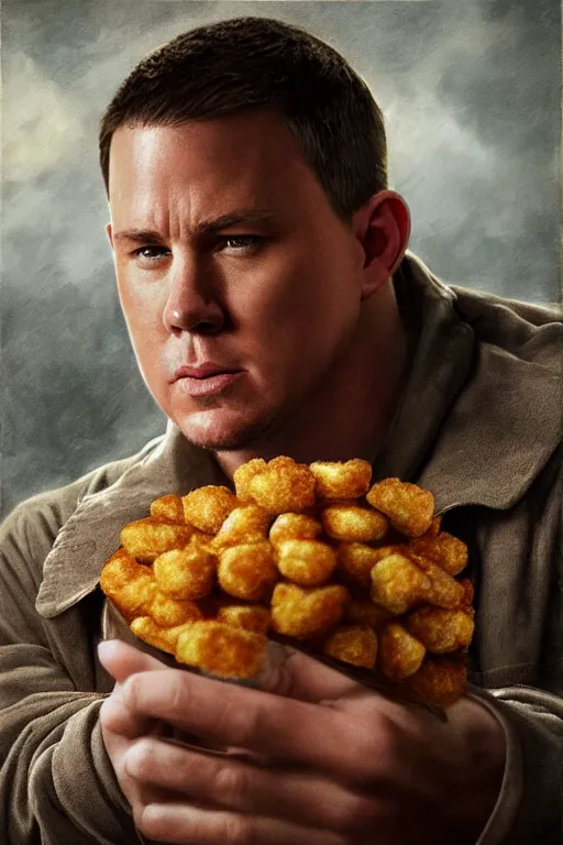 Image similar to channing tatum in a tater tot costume, oil on canvas, intricate, 8 k highly professionally detailed, hdr, cgsociety