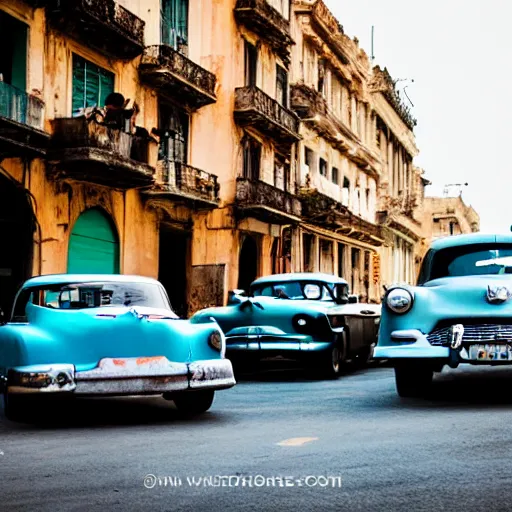 Image similar to vintage cars on the streets of havana cuba, golden hour, photo, 5 0 mm f 2. 5